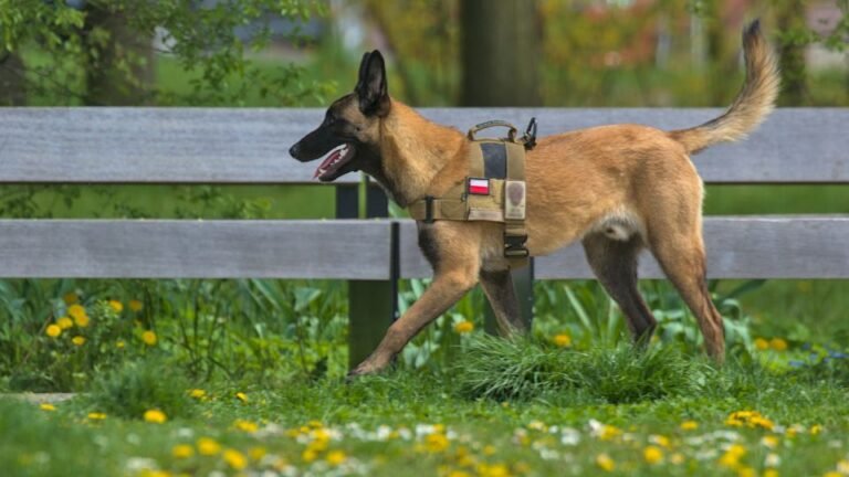 Egy belga juhászkutya sétál a parkban, vidám és energikus.
