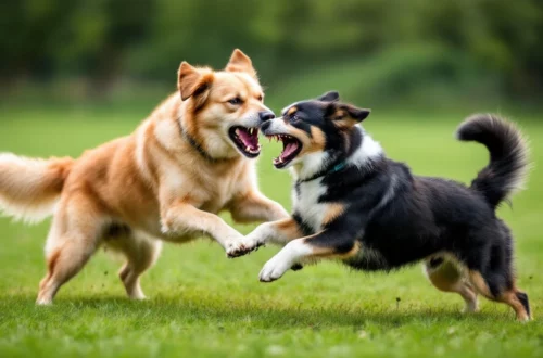 Két kutya, akik egymásra támadnak, feszültség és agresszió jellemzi őket.