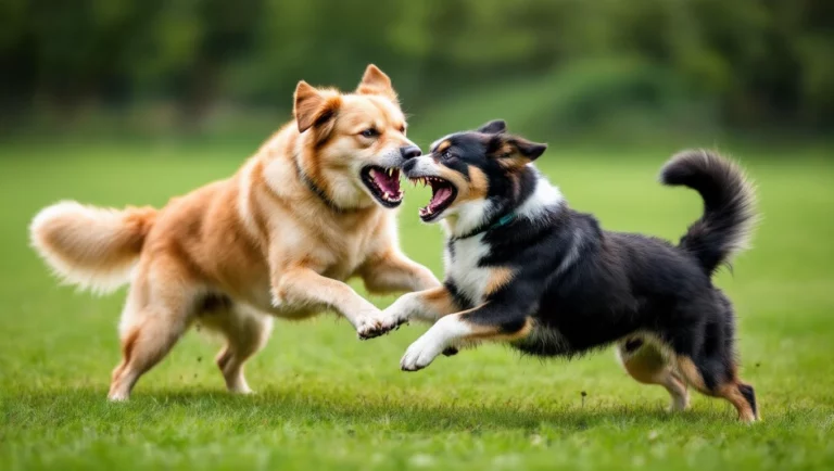 Két kutya, akik egymásra támadnak, feszültség és agresszió jellemzi őket.