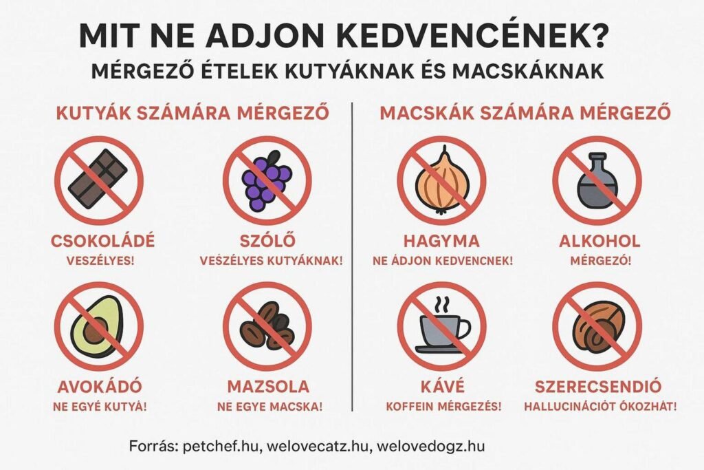 Mérgező ételek kutyáknak és macskáknak, figyelmeztető ikonokkal.