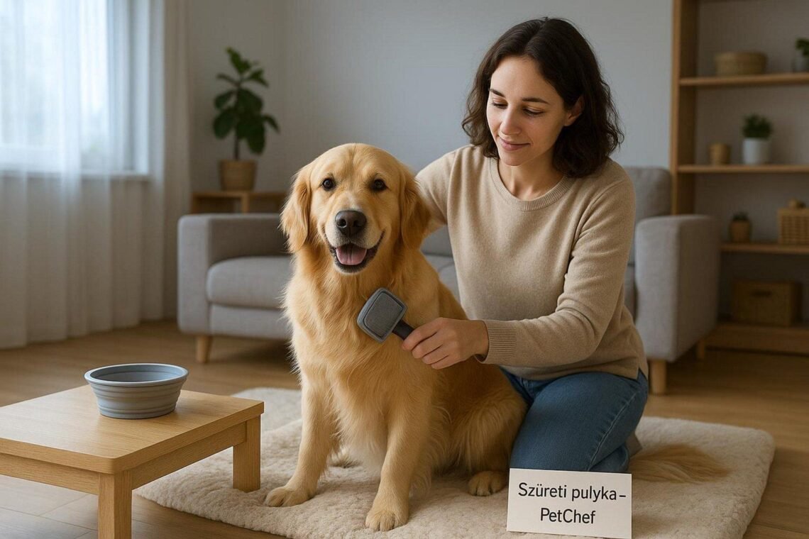Egy nő arany retriever kutyát fésül a nappaliban, boldog pillanatban.