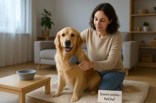Egy nő arany retriever kutyát fésül a nappaliban, boldog pillanatban.