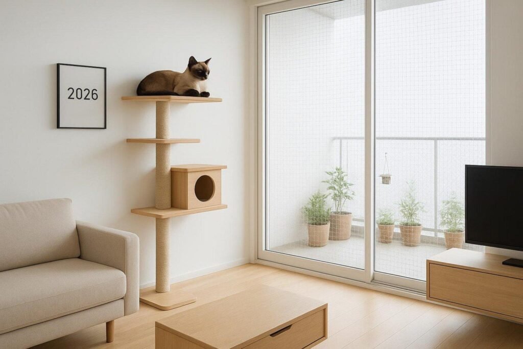 Egy modern lakás belső tere, ahol egy macska ül egy macskafán, mellettük növények láthatók.