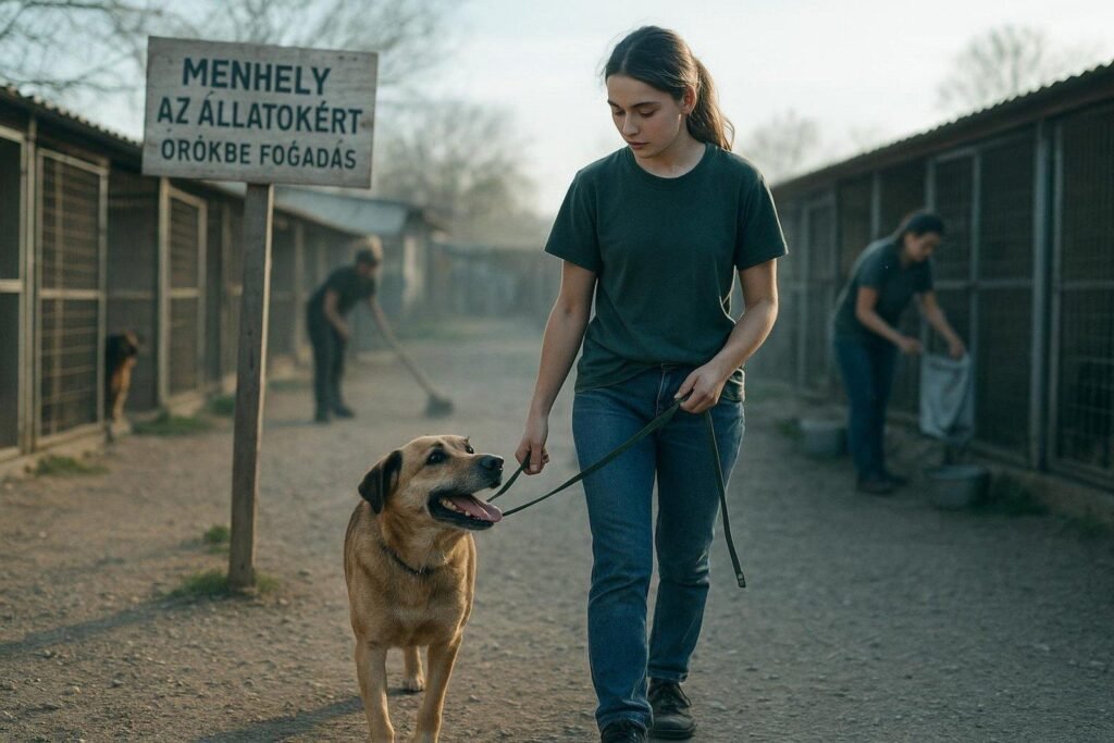 Egy fiatal lány sétáltat egy kutyát egy menhelyen, háttérben más önkéntesek dolgoznak.