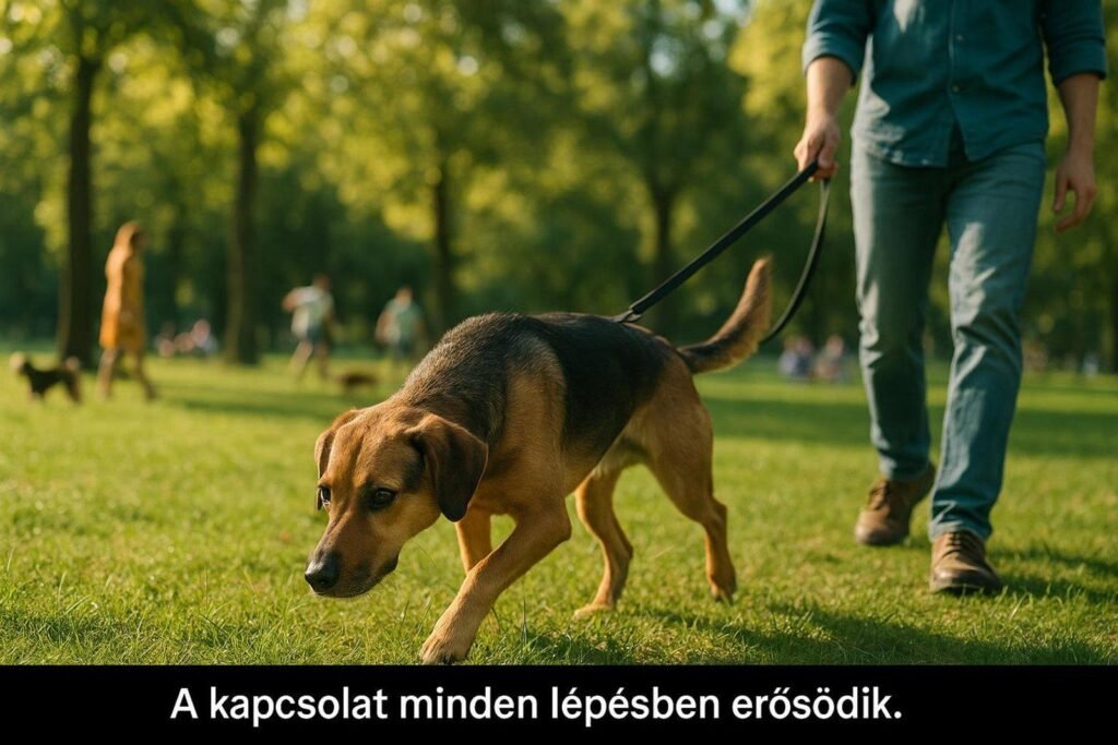 Egy kutya sétál a parkban, gazdája mellett, zöld fűben.